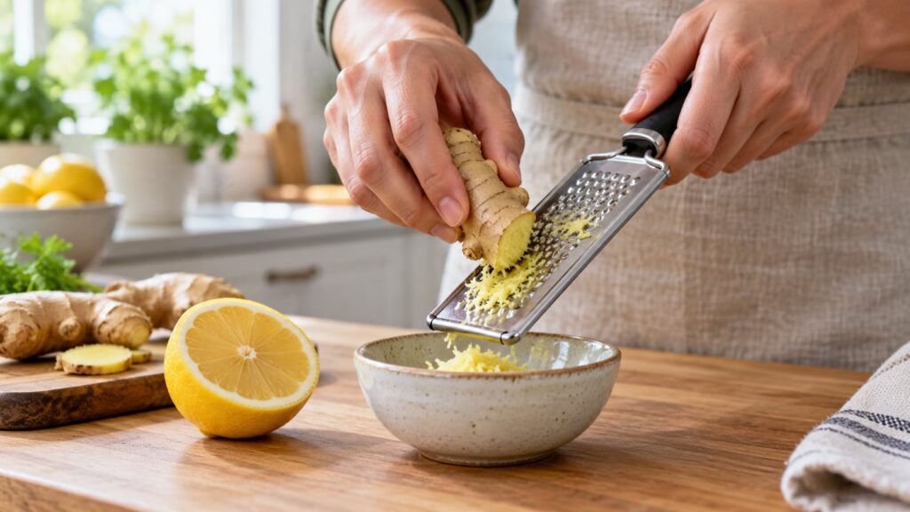 Fresh ginger root being grated over a bowl with a lemon half next to it on a wooden kitchen counter
