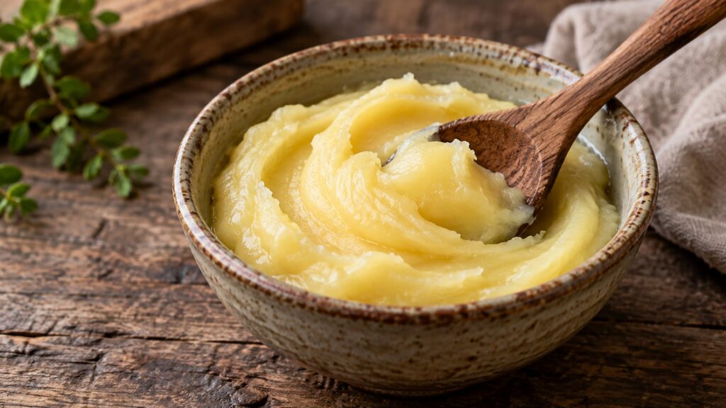 Close-up of a creamy pale yellow paste in a small ceramic bowl with a wooden spoon on a rustic wooden surface