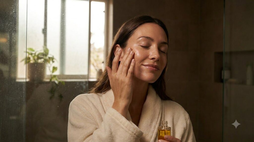 A woman gently massaging a few drops of serum onto her clean face with a soft warm glow on her skin Her eyes are closed 