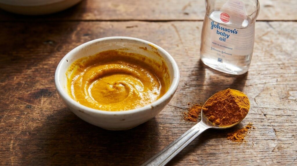 A small bowl containing a yellow turmeric paste mixed with Vaseline and baby oil surrounded by turmeric powder and a sma