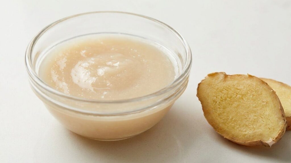 A small bowl with a creamy Vaseline and ginger mixture with a piece of fresh ginger root nearby
