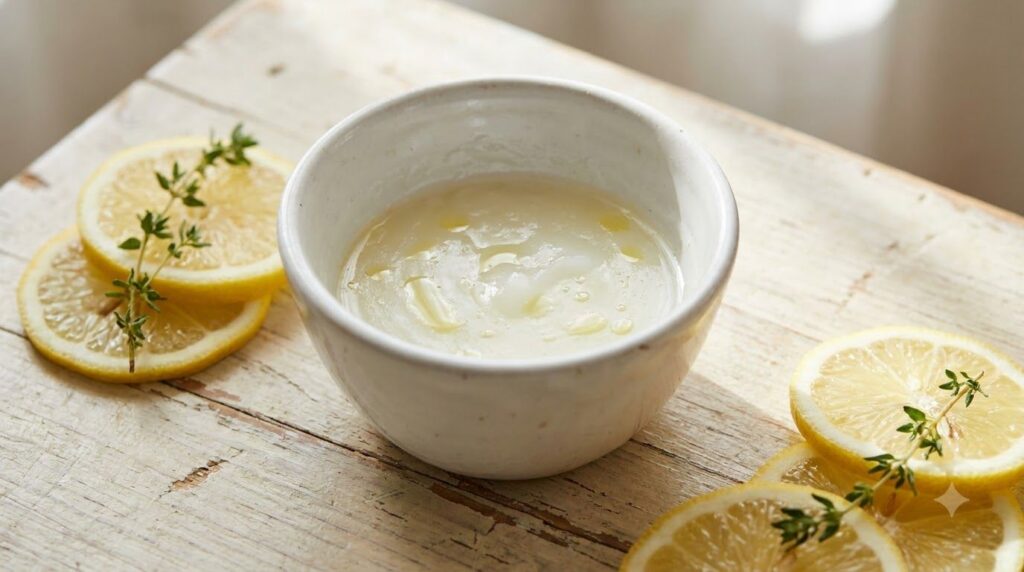 A small bowl with Vaseline Healing Jelly and lemon slices nearby illustrating the brightening boost mixture