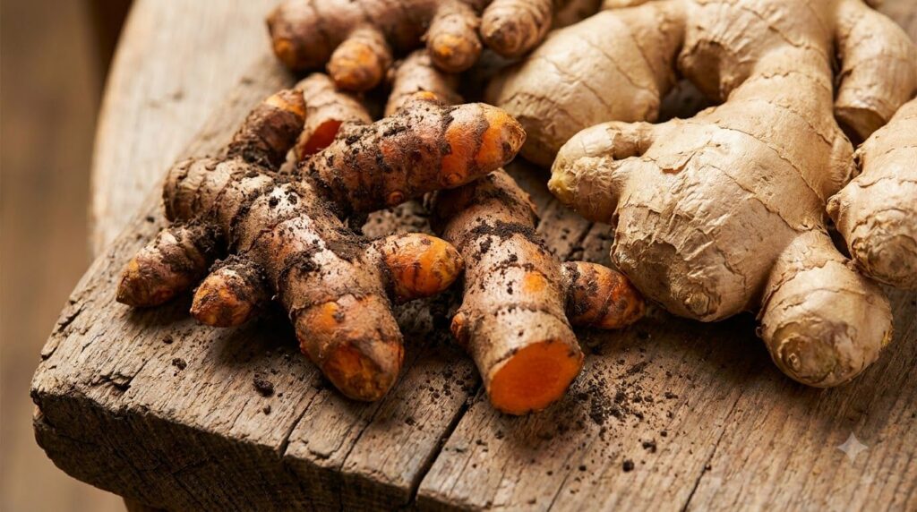 A middle panel of a vertical triptych showing vibrant turmeric roots and light brown ginger roots highlighting natural i