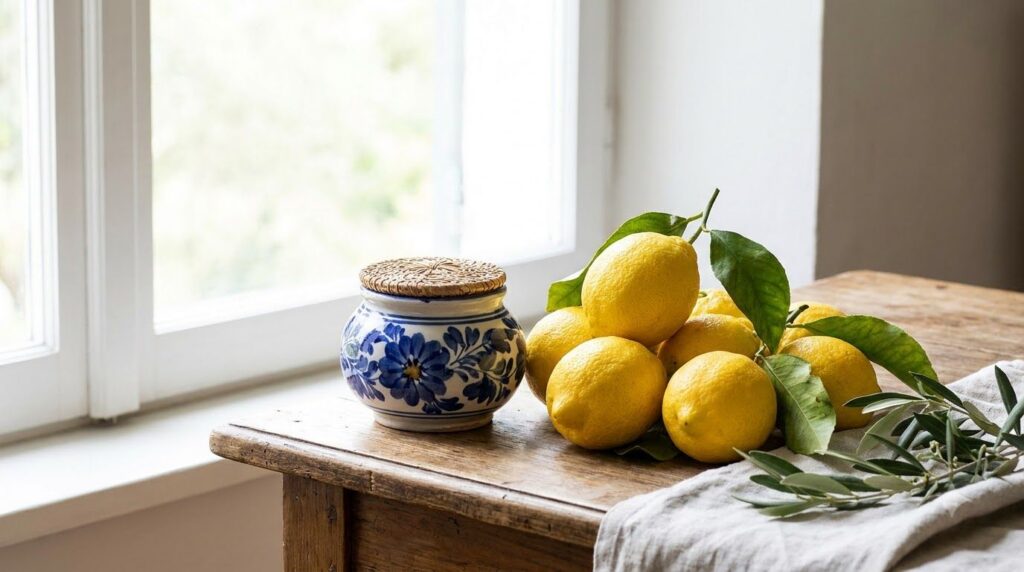 A bottom panel of a vertical triptych showcasing more fresh lemons and a decorative pot representing the simplicity of n