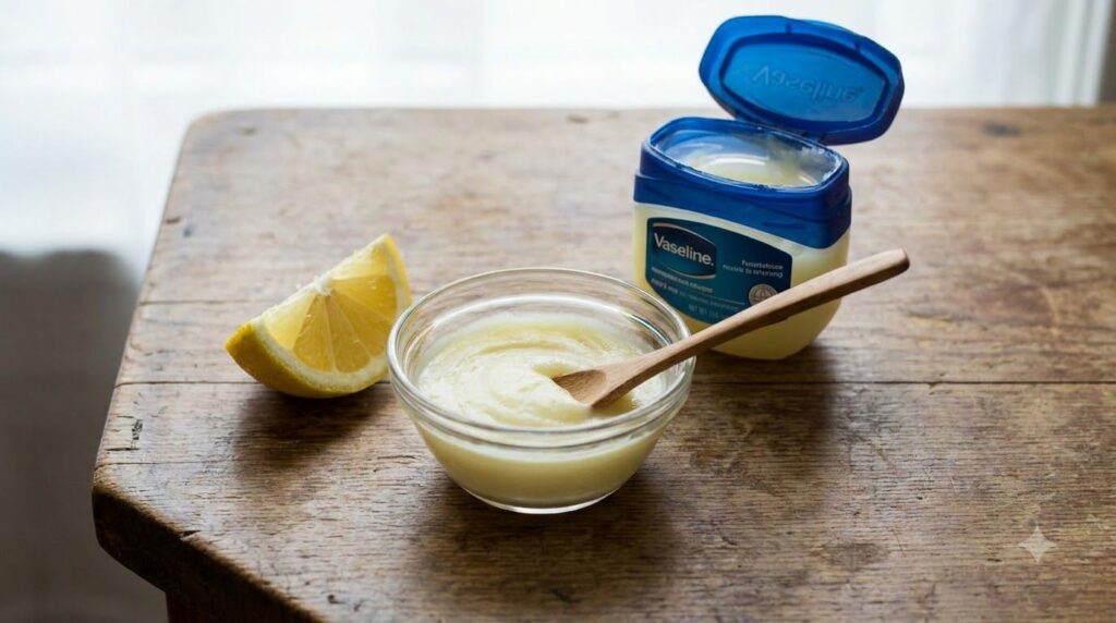 Close-up of a small bowl containing a mixture of lemon juice and Vaseline with a fresh lemon wedge and a small jar of Va