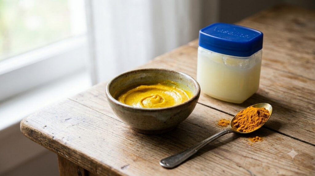 A small bowl with a vibrant yellow turmeric and Vaseline paste next to a jar of Vaseline and a spoonful of turmeric powd