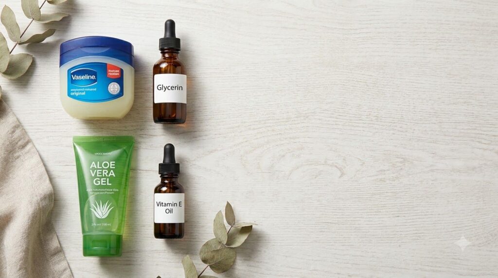 A flat lay image showing the four ingredients a jar of Vaseline a small bottle of glycerin a tube of aloe vera gel and a