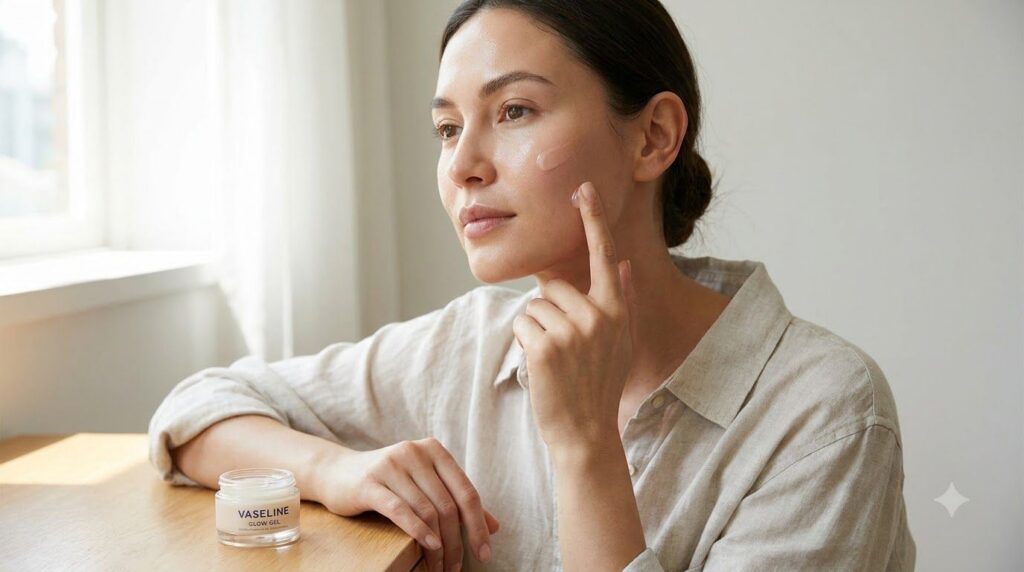 A woman gently applying a small amount of the Vaseline glow gel to her cheekbone with her fingertip demonstrating a soft