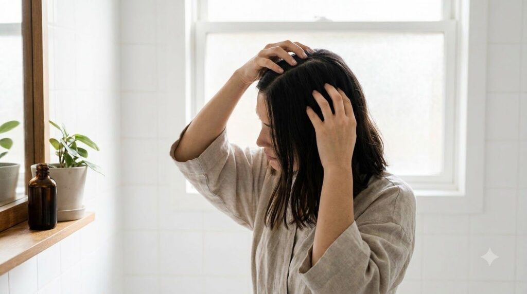 A woman gently massaging the dark herbal oil into her scalp with her fingertips her hair is parted for application in a 