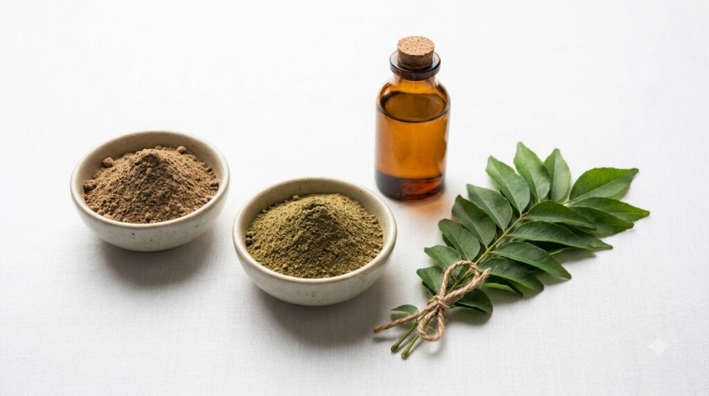 Various dried herbal powders Amla and Bhringraj in small bowls alongside a bottle of black sesame oil and fresh curry le
