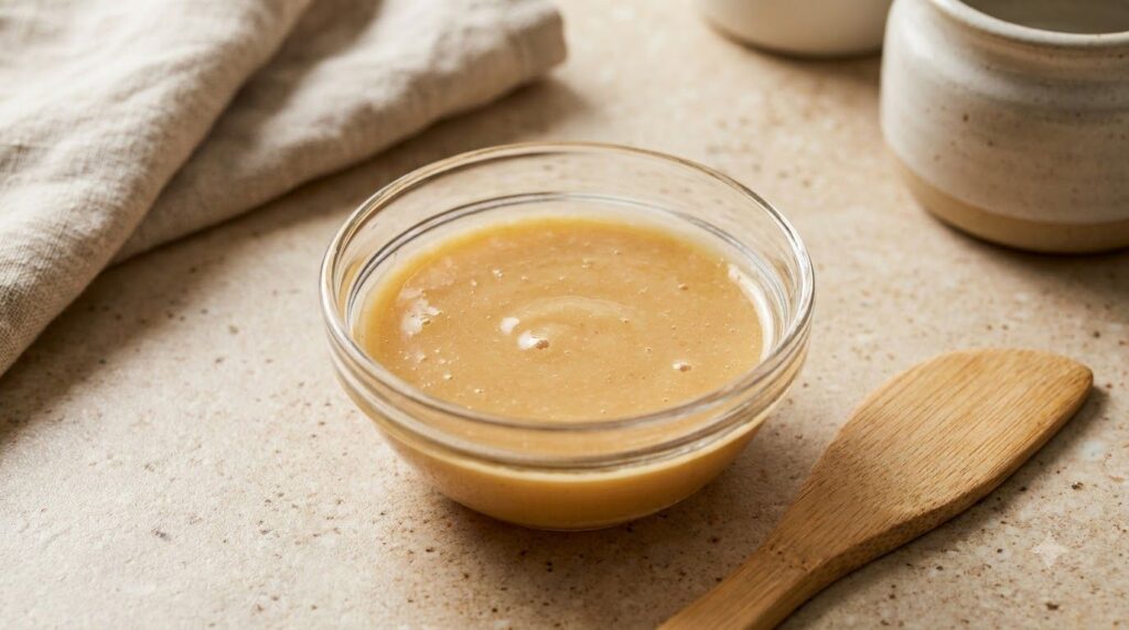 A small glass bowl filled with the freshly mixed DIY skin mask showing its golden-yellow color and smooth texture