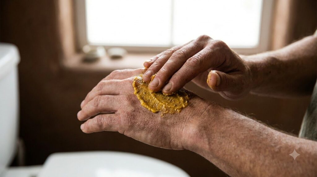 A hand gently applying the golden-yellow homemade skin mask to the back of another hand