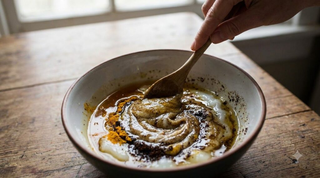 A hand mixing petroleum jelly honey baby oil turmeric and coffee grounds in a small glass bowl with a spoon to create a 
