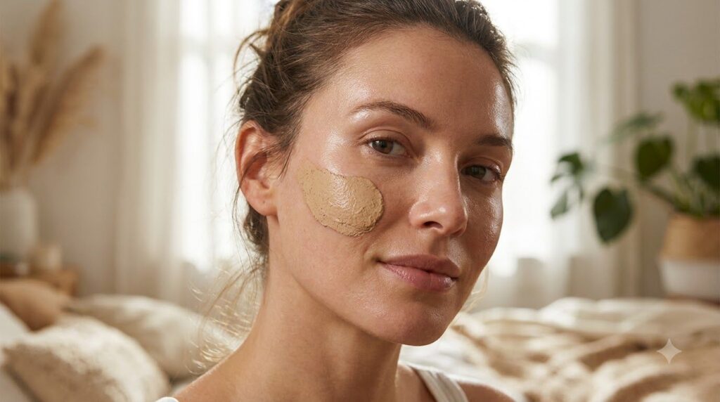 A woman gently applying a light brown DIY mask to her cheek with a soft focus on her radiant-looking skin after applicat