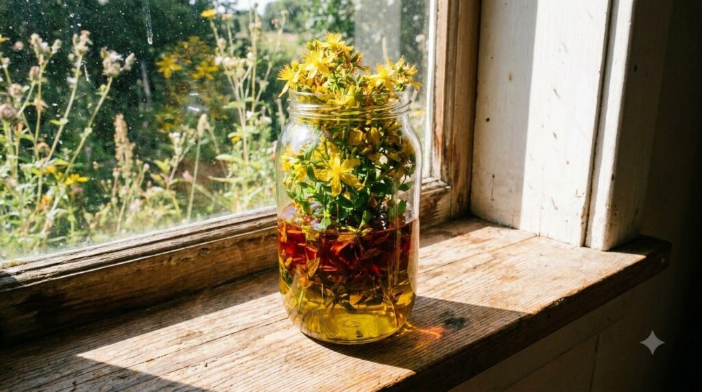 A clear glass jar filled with St John s Wort flowering tops partially covered with golden carrier oil sitting on a sunli