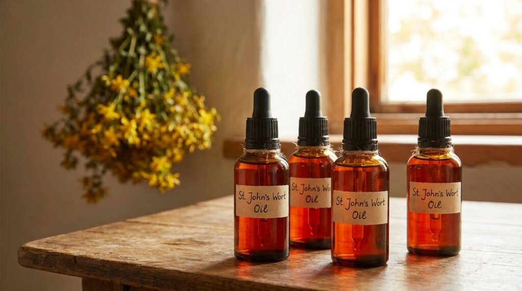 Three small dark amber glass dropper bottles filled with golden-red St John s Wort infused oil labeled simply on a rusti