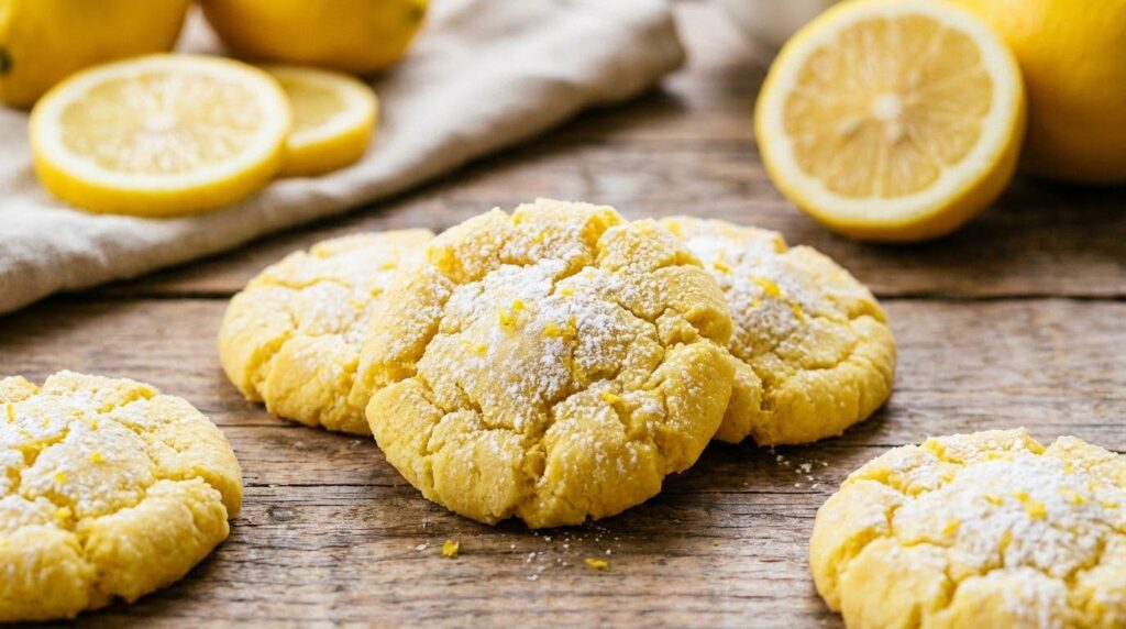 Bright yellow lemon zest butter cookies round and slightly crinkled dusted with fine powdered sugar A few fresh lemon sl