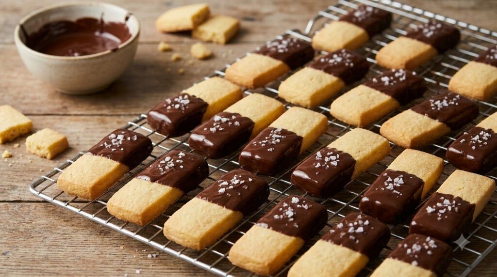 Crisp golden shortbread fingers half-dipped in rich melted dark chocolate and adorned with a sprinkle of sea salt They a
