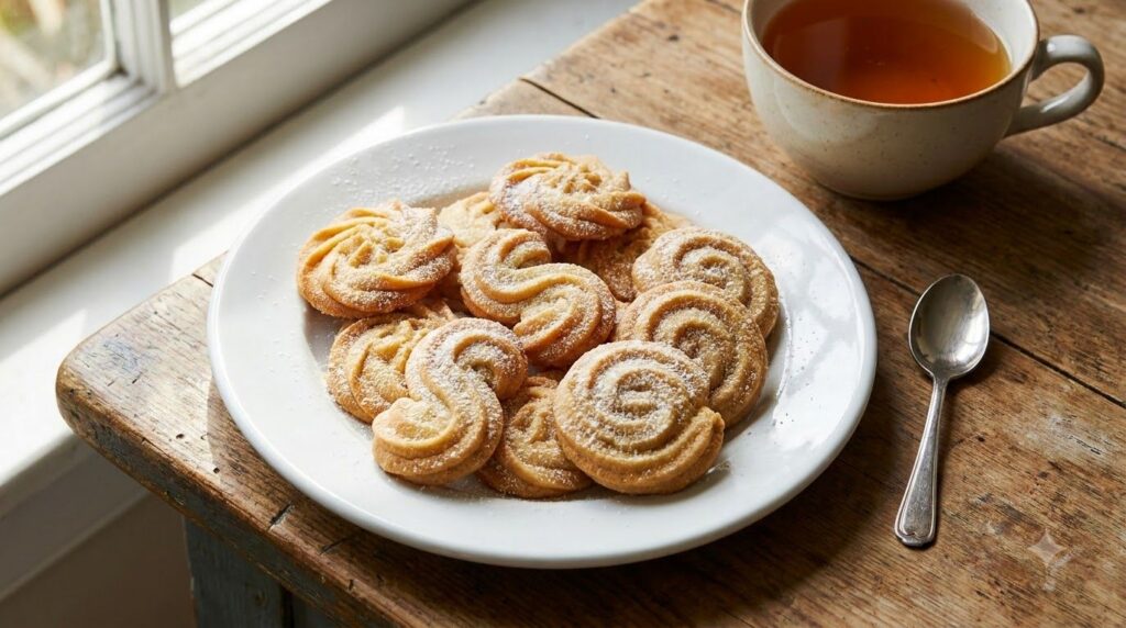 A plate of perfectly golden-brown classic piped butter cookies in various elegant shapes rosettes S-shapes swirls The co