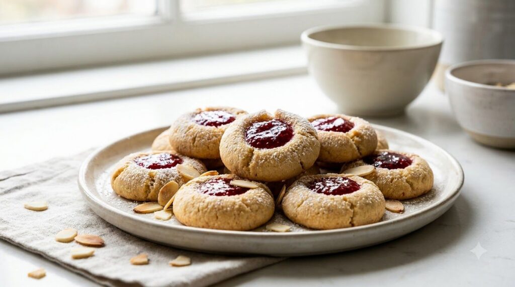 A cluster of round raspberry almond thumbprint cookies each with a bright red raspberry jam center and a delicate dustin