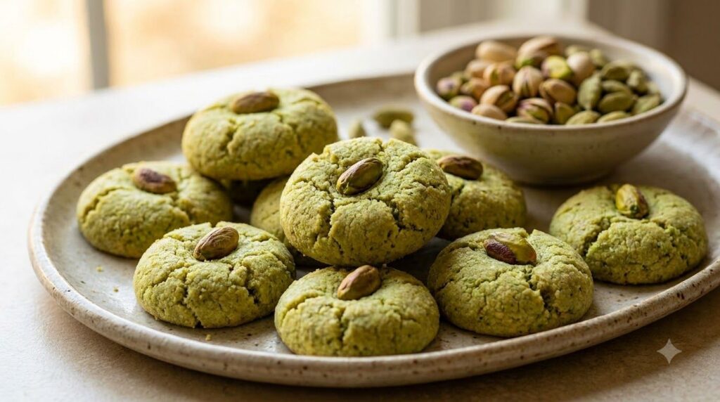 Green-hued pistachio cardamom butter cookies round and decorated with a whole pistachio on top The cookies have a delica