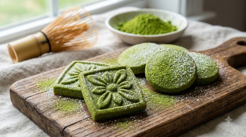 Vibrant green matcha green tea butter cookies shaped into neat squares or rounds perhaps with a delicate pattern pressed