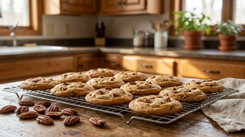 Golden brown butter pecan cookies round and slightly flattened with visible bits of toasted pecan embedded in the dough