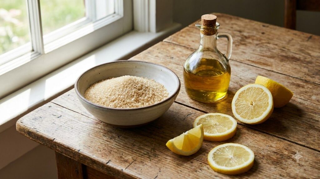 Ingredients for a homemade sugar scrub a bowl of sugar a bottle of olive oil and fresh lemon slices neatly arranged on a