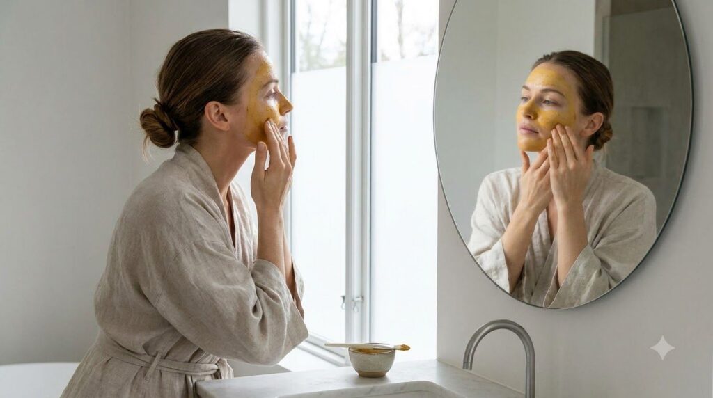 A woman gently applying a yellow turmeric mask to her face with hands visible in a bathroom setting The mask is visibly