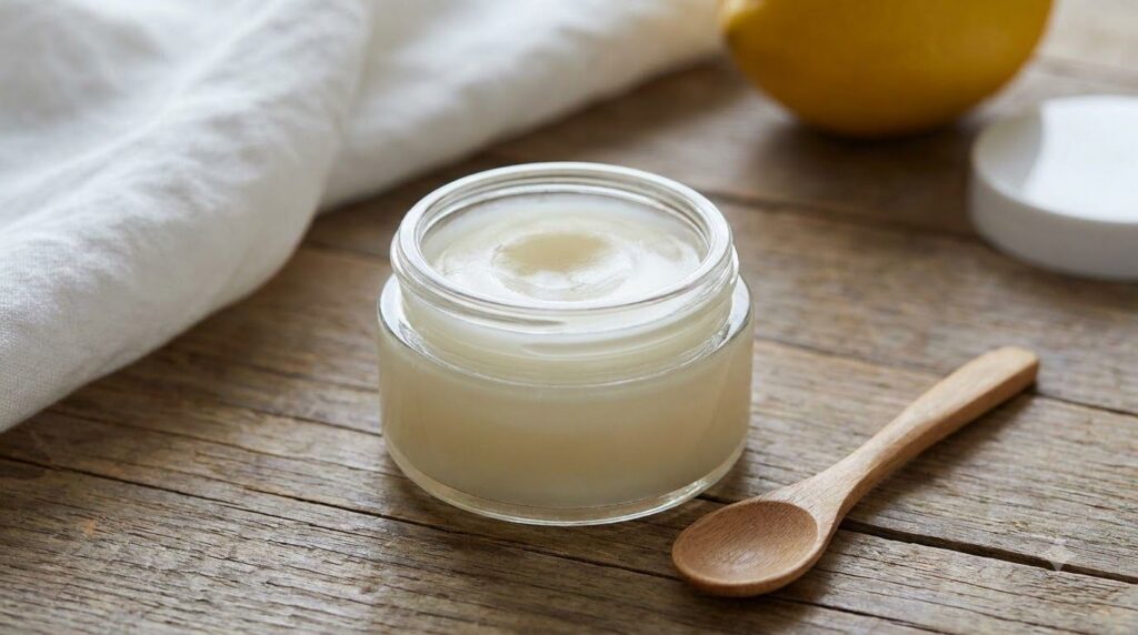 A small clean airtight container filled with a smooth slightly yellow semi-transparent balm representing the mixed baby