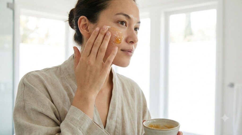 A person with a clean makeup-free face gently applying the creamy Vaseline honey and olive oil mask to their cheek with