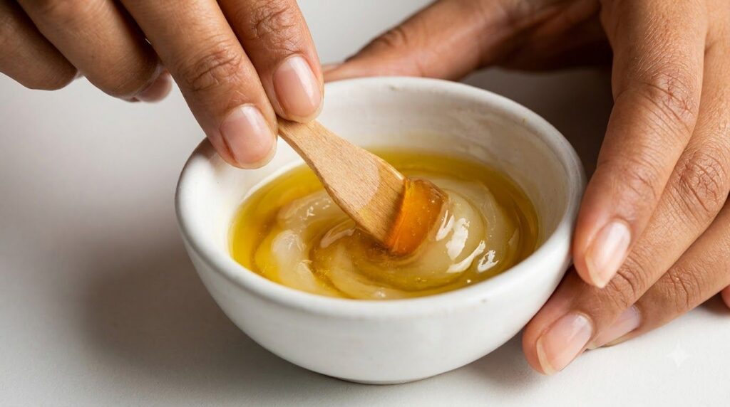 A close-up of a person s fingers gently mixing Vaseline honey and olive oil in a small ceramic bowl with a spatula showi