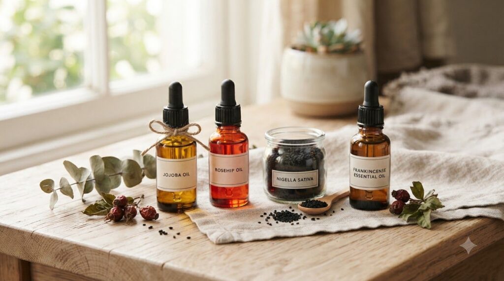 Various ingredients for a natural face oil jojoba oil rosehip oil nigella sativa seeds and frankincense essential oil bo