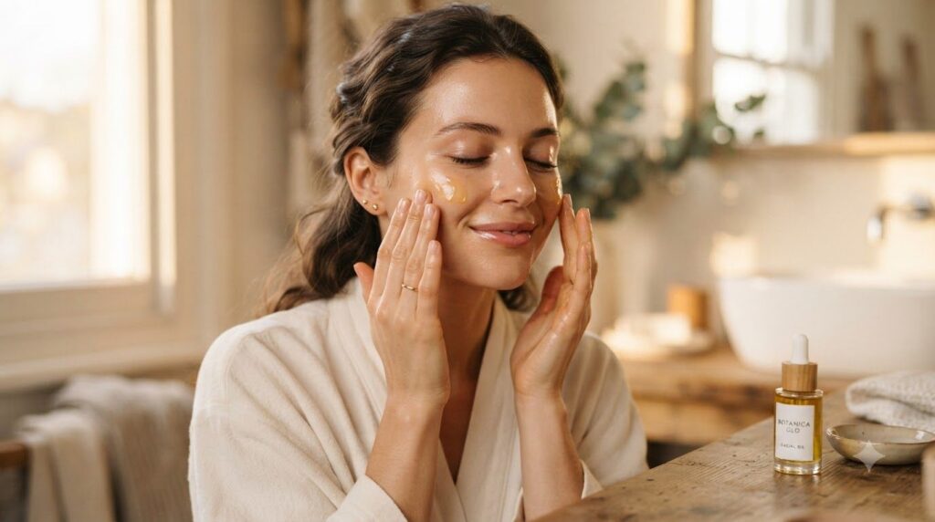 A woman gently massaging a few drops of facial oil onto her clean face with her fingertips