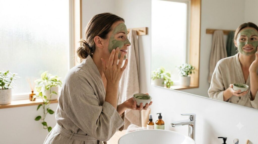A woman gently applying a homemade face pack to her clean radiant face in a well-lit bathroom with a soft smile conveyin