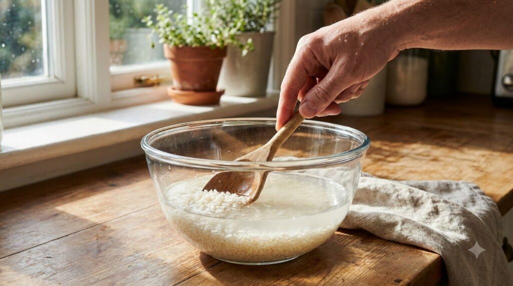 A close-up of a bowl filled with white rice soaking in water with a hand gently stirring it The background is a clean br