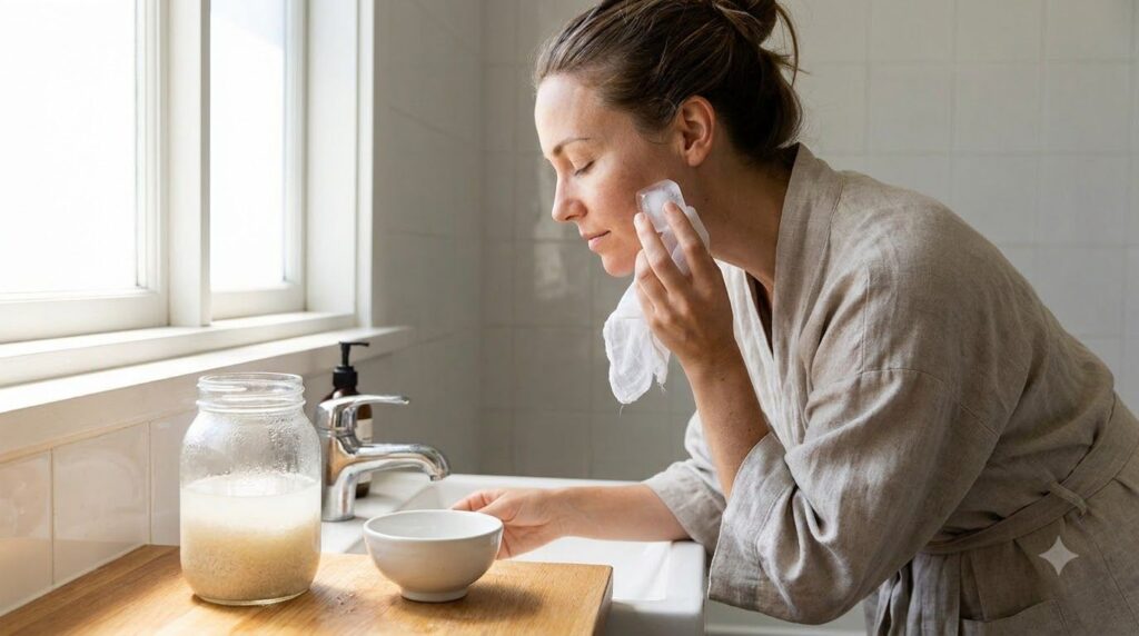 A woman s hand holding a rice water ice cube wrapped in a thin white cloth gently applying it to her cheek with a focuse