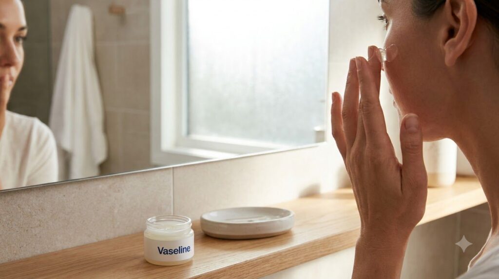 A woman s hand gently applying a small amount of the clear Vaseline beauty balm to a small area of her cheek focusing on