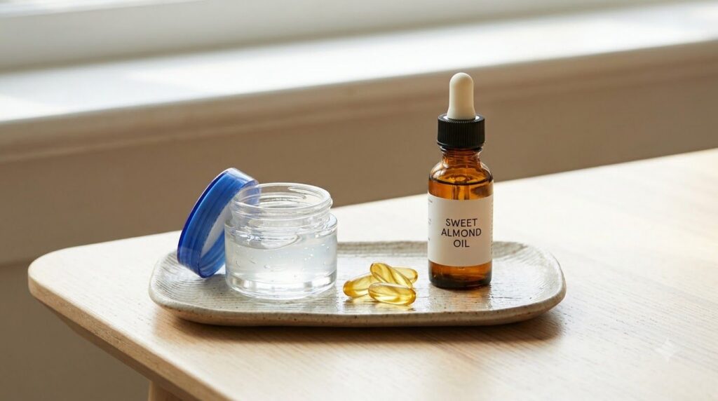 Individual ingredients for the Vaseline beauty balm laid out a small clear jar of Vaseline a few vitamin E capsules and