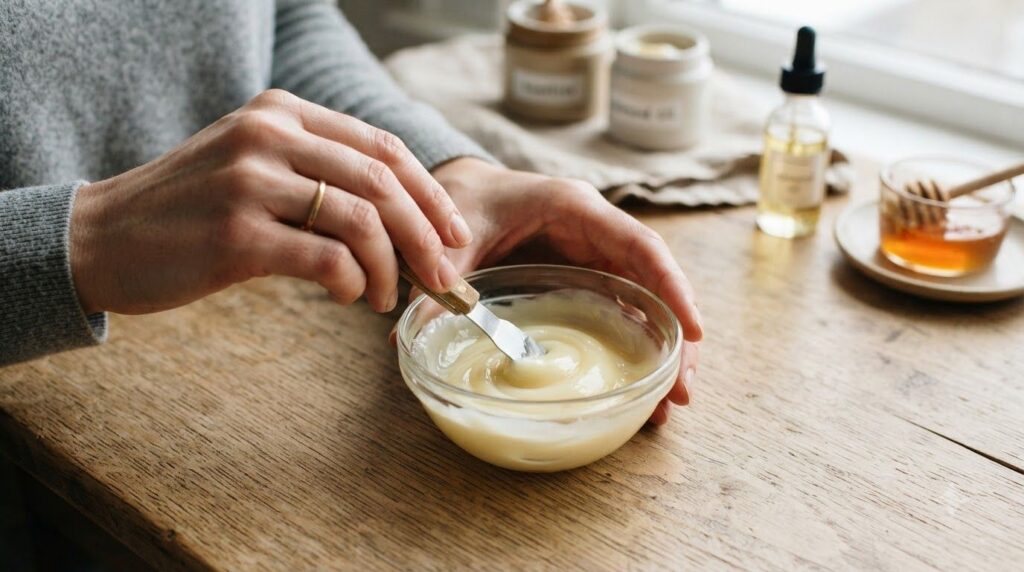 A person s hands gently stirring a creamy light yellow mixture of Vaseline honey and almond oil in a small glass bowl wi