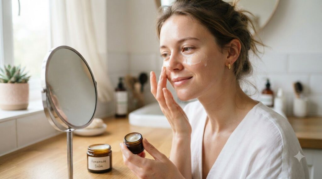 A woman gently applying a thin layer of the homemade Vaseline balm to her cheek and under-eye area with a soft natural e