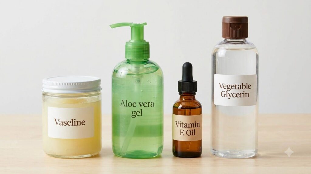 Close-up of the four main ingredients a jar of Vaseline a bottle of aloe vera gel a small bottle of vitamin E oil and a 