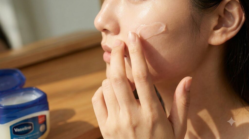 A person s hand gently applying a small amount of the glossy Vaseline glow gel to their cheek demonstrating the soft tex