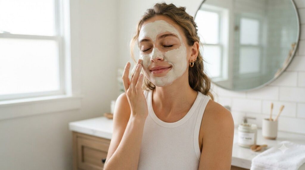 A woman gently applying a light-colored face mask to her cheek with her fingertips her eyes closed in a relaxed expressi