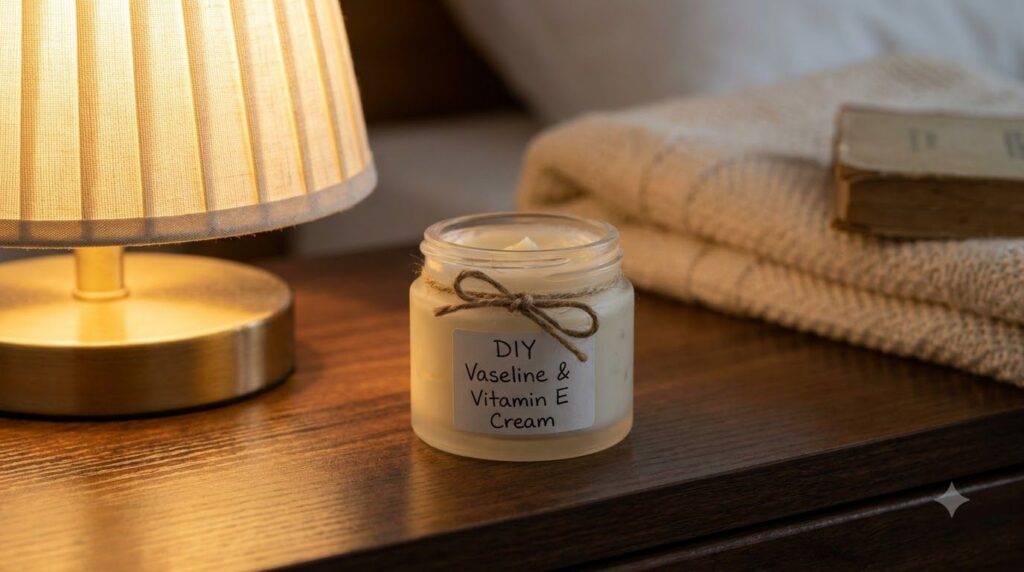 A small elegant jar of the finished DIY Vaseline Vitamin E cream on a bedside table suggesting night-time use
