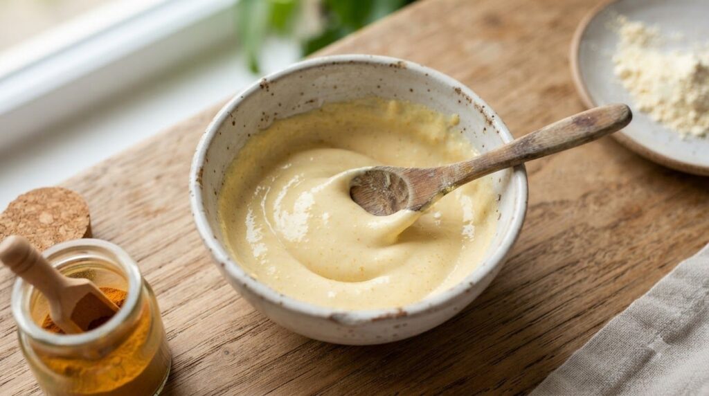 Close-up of a small bowl with the DIY glow face pack mixture showing a creamy light yellow texture with gram flour turme