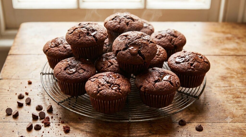 A pile of warm chocolate chip muffins rich brown in color with melted chocolate chips visible on a cooling rack A few ch