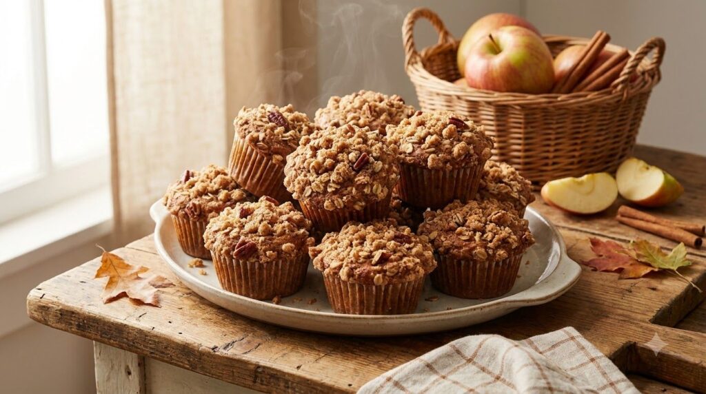 Warm apple cinnamon muffins with a streusel topping some sliced apples in the background on a fall-themed wooden surface