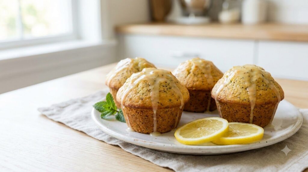 Light and airy lemon poppy seed muffins with a glossy lemon glaze drizzled over them on a white ceramic plate with lemon