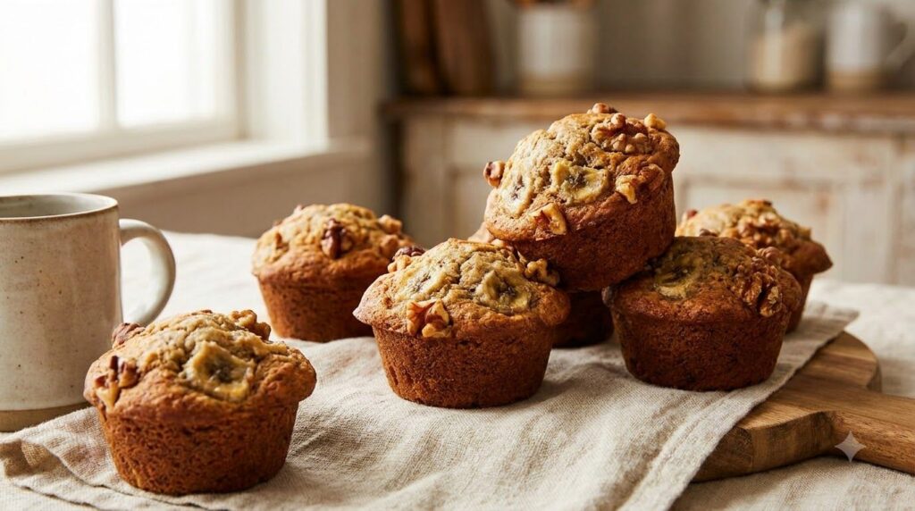Rustic banana nut muffins with visible chunks of banana and walnuts on top arranged on a linen cloth with a cozy warm li